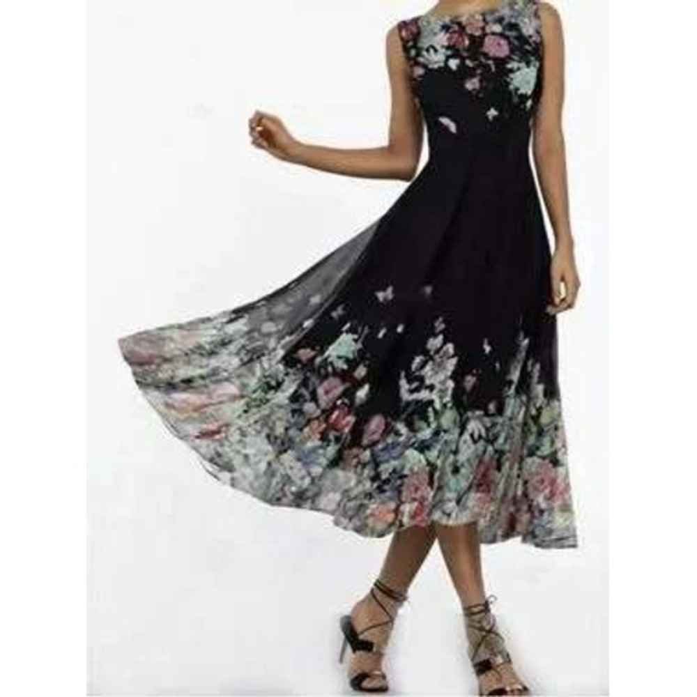 Floryday Black Floral Butterfly Chiffon Midi Dress Fit Flare Size L cottagecore